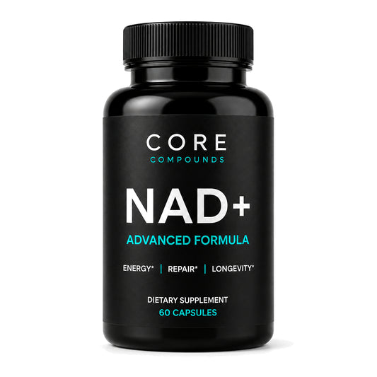Core Compounds NAD+ Advanced Formula bottle, front view on white. Label reads Energy, Repair, Longevity, dietary supplement, 60 capsules.