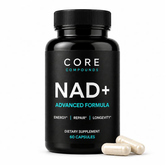 Core Compounds NAD+ Advanced Formula bottle on a white background with two capsules in front. Label reads Energy, Repair, Longevity, dietary supplement, 60 capsules.