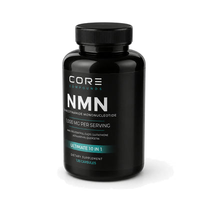 Core Compounds NMN Ultimate 10-in-1 supplement bottle at a three-quarter angle, front label legible.