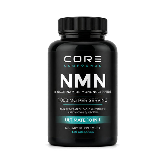 Core Compounds NMN Ultimate 10-in-1 supplement bottle, front view. 1,000 mg per serving, 120 capsules, dietary supplement.